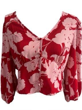 Women's Sienna Sky Red & Pink Floral V-Neck Crop Top Blouse Size XL